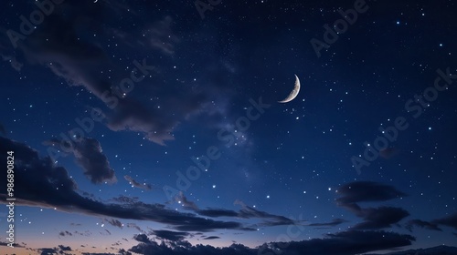 A serene night sky with a bright crescent moon and twinkling stars, ideal for celestial themes.