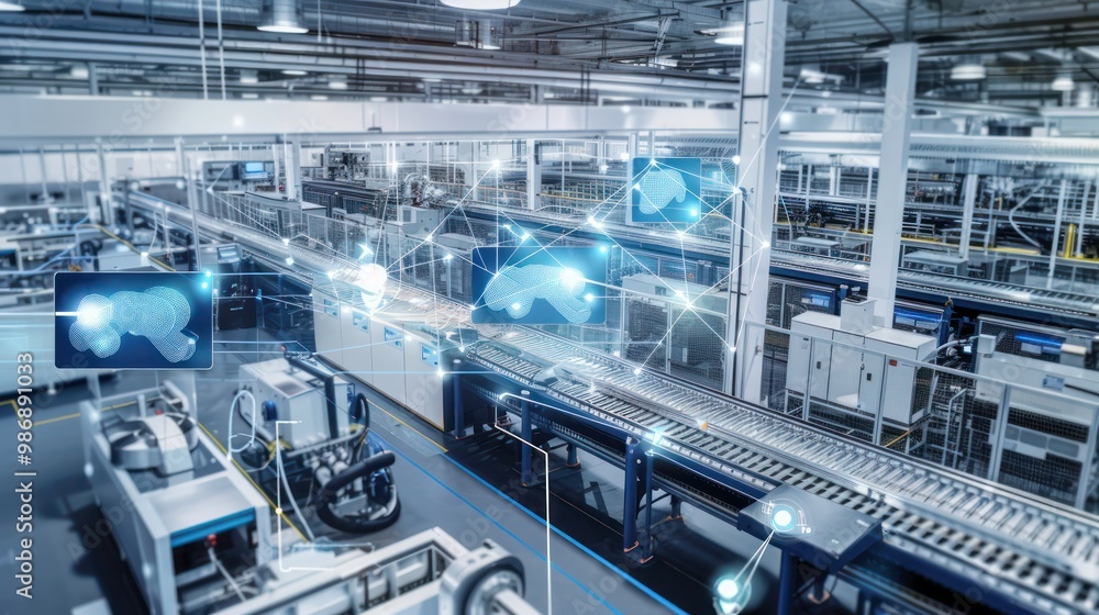 A smart factory with interconnected machines and sensors, optimizing production through real-time data analysis. A smart factory with interconnected machines and sensors, optimizing production through real-time data analysis.