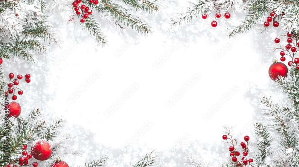 Festive Christmas Frame with Holly Ornaments and Snowy White Background: Celebratory Design Perfect for Holiday Greetings, Cards, and Festive Decor Elements. Festive Christmas Frame with Holly Ornaments and Snowy White Background: Celebratory Design Perfect for Holiday Greetings, Cards, and Festive Decor Elements.
