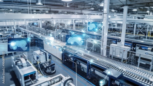 A smart factory with interconnected machines and sensors, optimizing production through real-time data analysis.