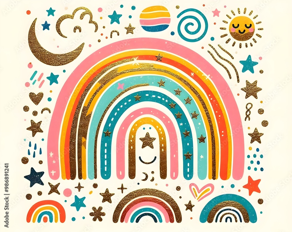 Fototapeta premium Cielos Mágiestrellas, arcoíris, luna, sol, nubes, cometas, brillo, dorado, glitter, cielo, fantasía, resplandor, sueños, universo, colorido, magia, arte, ilustración, ensueño,cos y Arcoíris Brillantes