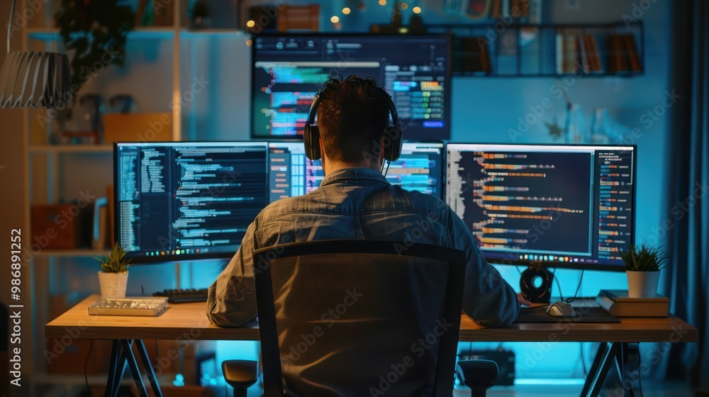 A software developer working on code at their desk, with multiple monitors displaying programming languages. A software developer working on code at their desk, with multiple monitors displaying programming languages.