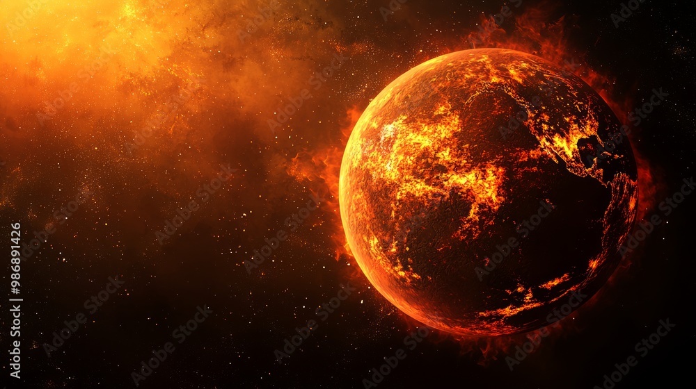 Fiery Planet - 3D Model in Dark Environment with Heat Flashes, Symbolizing Global Boiling Phenomenon Fiery Planet - 3D Model in Dark Environment with Heat Flashes, Symbolizing Global Boiling Phenomenon