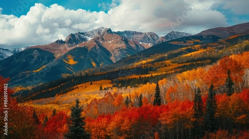 A stunning mountain range with autumn foliage, showcasing vibrant reds, oranges, and yellows.