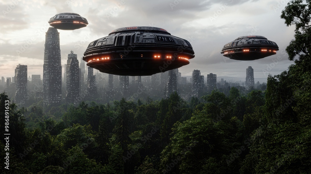 Futuristic flying saucers hover over a dense urban landscape surrounded by lush greenery. Futuristic flying saucers hover over a dense urban landscape surrounded by lush greenery.