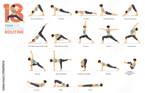 18 Yoga poses or asana posture for workout in weight loss routine concept. Women exercising for body stretching. Fitness infographic. Flat cartoon vector.