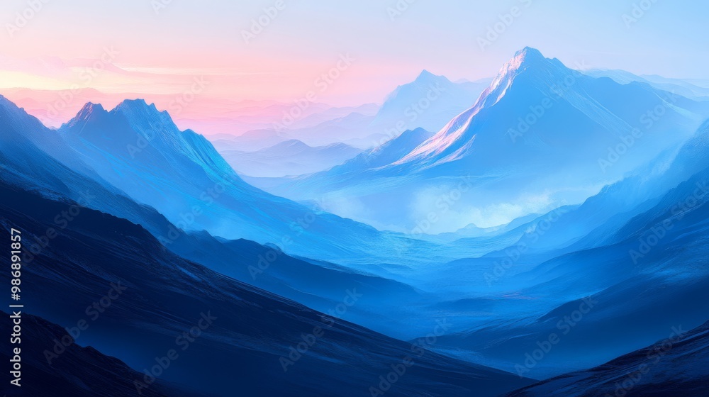 Blue tones in a mountain landscape, early morning light, Blue tones in a mountain landscape, early morning light,