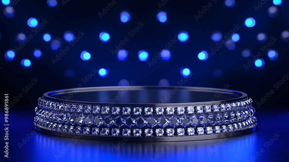 Crystal podium with a diamond design on a blue 3D background, featuring glass and gemstone elements. Crystal podium with a diamond design on a blue 3D background, featuring glass and gemstone elements.
