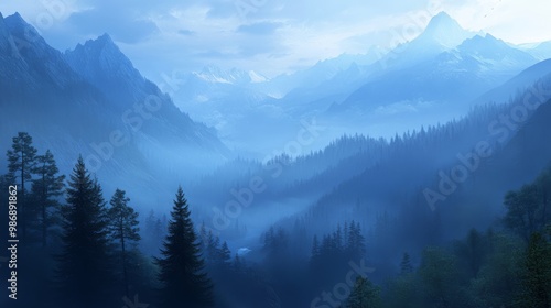 Blue tones in a mountain landscape, early morning light,