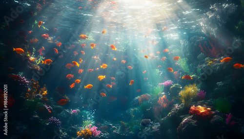 A dreamy underwater scene with schools of colorful fish, corals, and rays of sunlight penetrating through the water’s surface