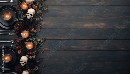 Dark, spooky Halloween table setting with skulls, candles, and autumn flowers on rustic wood background, perfect for seasonal celebration themes.