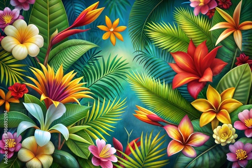 Tropical paradise with colorful flowers and lush greenery