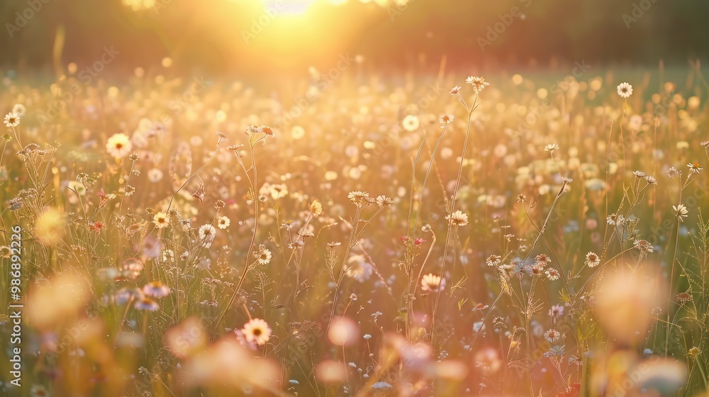 A vast field of wildflowers swaying gently in the evening breeze, illuminated by the warm, colorful light of dusk.