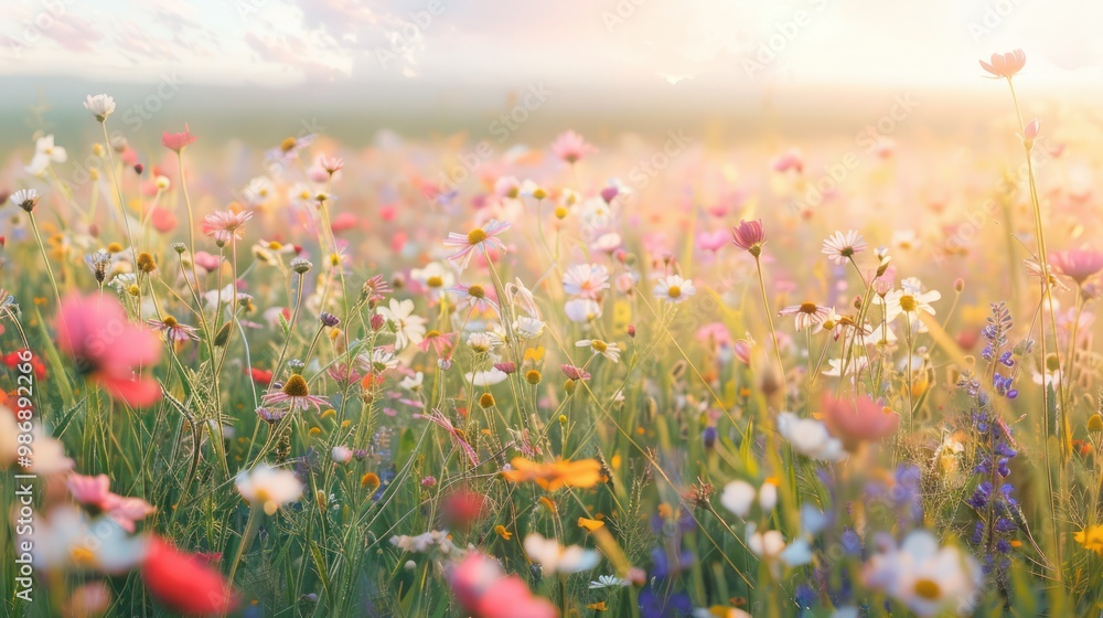A vast field of wildflowers swaying gently in the evening breeze, illuminated by the warm, colorful light of dusk. A vast field of wildflowers swaying gently in the evening breeze, illuminated by the warm, colorful light of dusk.