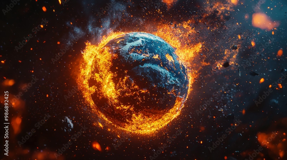 Global Warming Crisis: Planet Engulfed in Flames - Urgency of Climate Action Concept in 3D Illustration Global Warming Crisis: Planet Engulfed in Flames - Urgency of Climate Action Concept in 3D Illustration