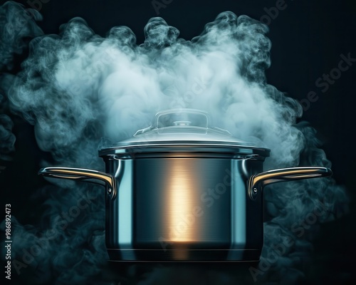 Pressure cooker under pressure, steam jets, 3D illustration