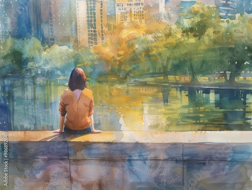 Watercolor painting of a woman relaxing on the edge of a pond in a park. photo