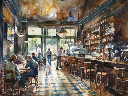 Watercolor painting of a vintage liquor store. Lifestyle, Interior