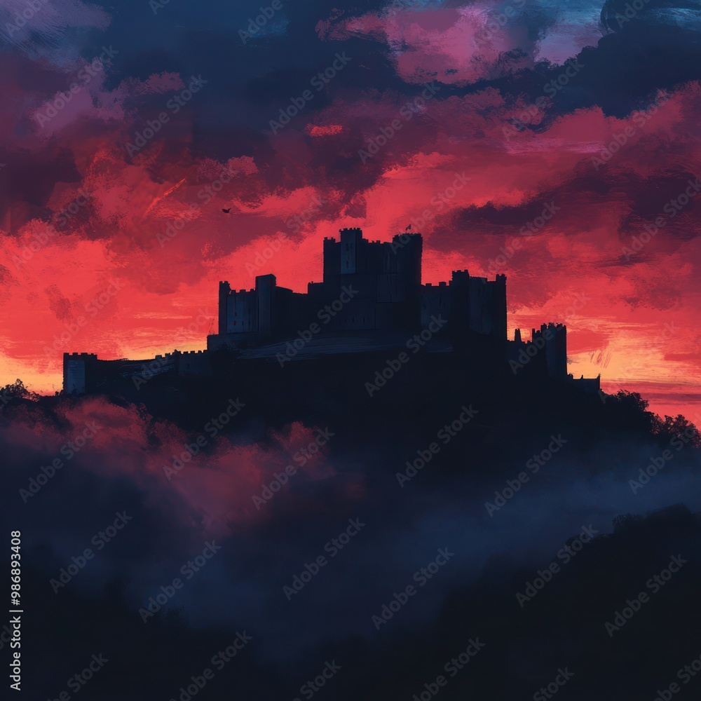 Obraz premium An ancient castle perched on a hill, silhouetted against the colorful dusk sky, with a slight mist adding a mystical touch.