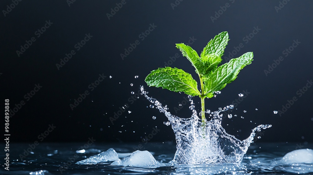 Fresh Mint Sprig Splashing into Iced Water Fresh Mint Sprig Splashing into Iced Water
