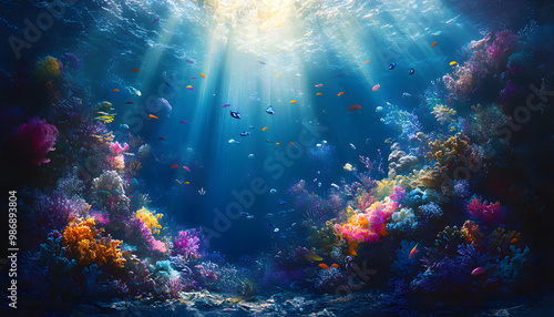 A dreamy underwater scene with schools of colorful fish, corals, and rays of sunlight penetrating through the water’s surface