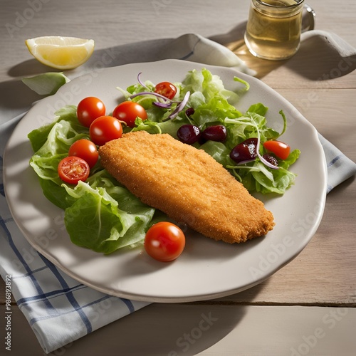 Breaded fish fillet with a side salad on a plain stoneware plate
 photo