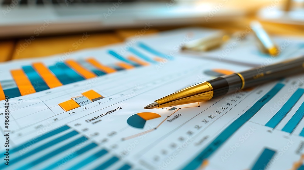 Pen resting on a financial report with charts and graphs depicting data analysis. Pen resting on a financial report with charts and graphs depicting data analysis.