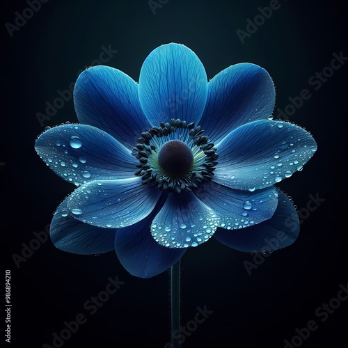 A closeup of Anemone flower with dew drops photo