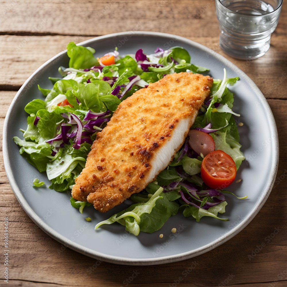 Breaded fish fillet with a side salad on a plain stoneware plate
Breaded fish fillet with a side salad on a plain stoneware plate