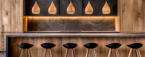 Rustic-modern kitchen with wooden cabinets and a stone slab backsplash