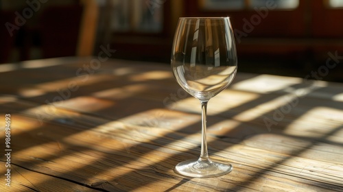 Close-up of an empty wine glass on a wooden table, with subtle reflections and shadows. photo