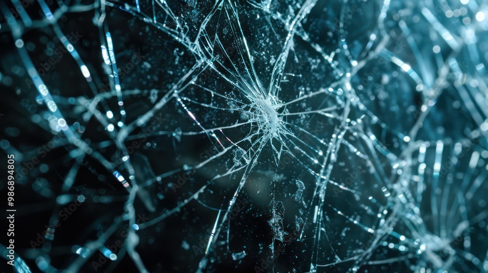 Close-up of cracked glass with spiderweb-like fractures and light shining through Close-up of cracked glass with spiderweb-like fractures and light shining through