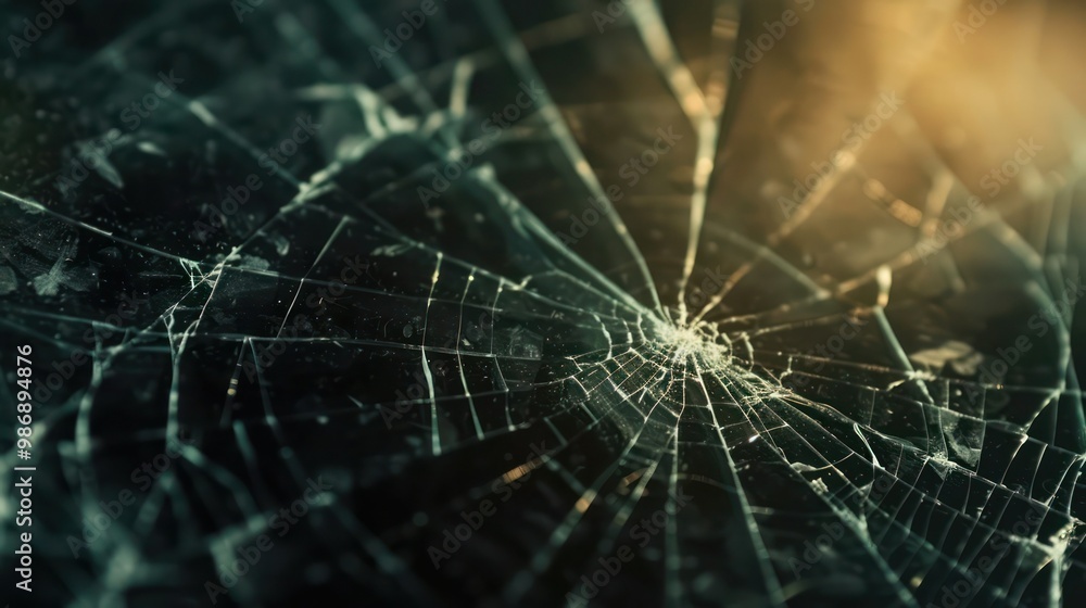 Close-up of cracked glass with spiderweb-like fractures and light shining through Close-up of cracked glass with spiderweb-like fractures and light shining through