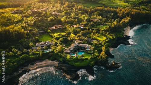 Aerial view of a luxury resort on Hawaii Island surrounded by nature photo