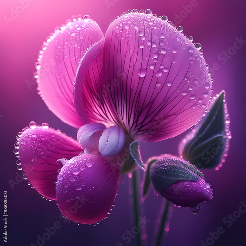 A closeup of Sweet Pea flower with dew drops photo