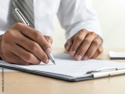 Close-up of a person writing on a clipboard with a pen in a professional setting.