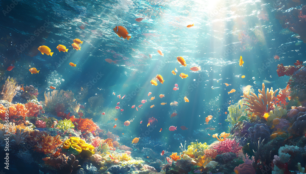 A dreamy underwater scene with schools of colorful fish, corals, and rays of sunlight penetrating through the water’s surface A dreamy underwater scene with schools of colorful fish, corals, and rays of sunlight penetrating through the water’s surface