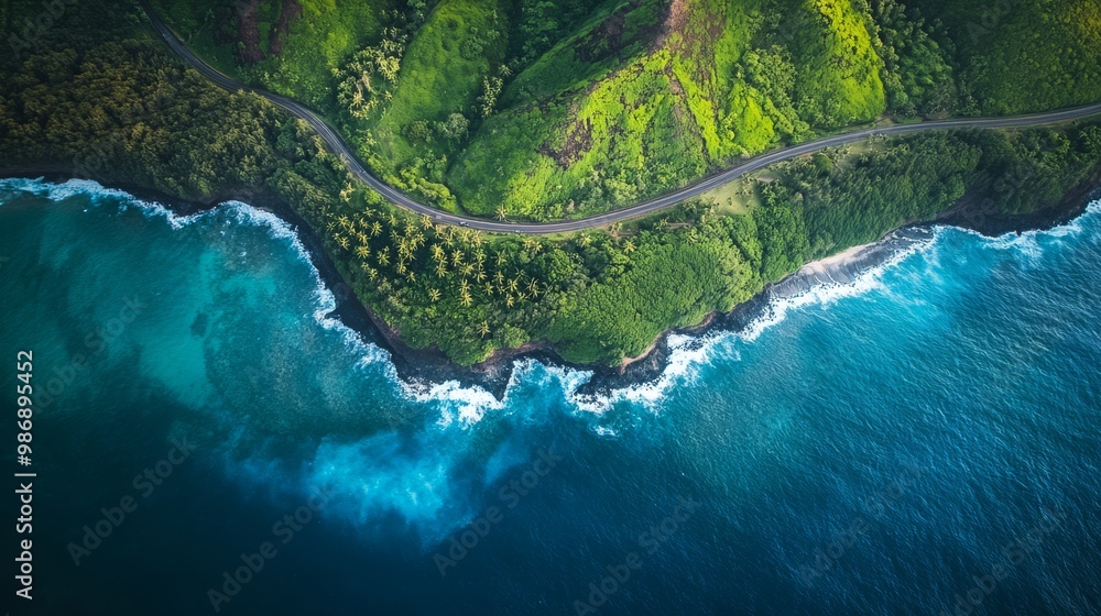 Aerial view of a winding road along Hawaii's dramatic coastline Aerial view of a winding road along Hawaii's dramatic coastline