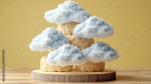 An artistic display of fluffy clouds crafted from soft materials, arranged on a wooden stand against a warm yellow background. photo