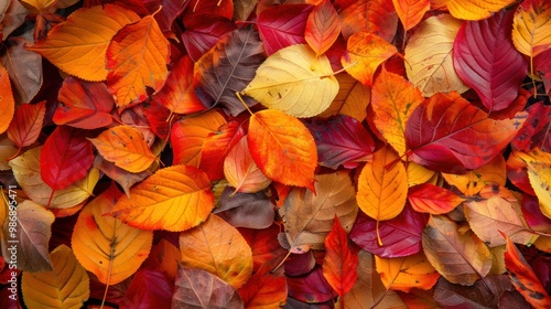 Colorful autumn leaves in shades of red, orange, and yellow, falling gently and scattered, perfect for seasonal designs.