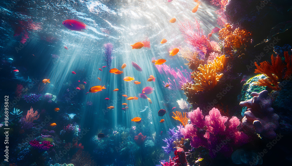 A dreamy underwater scene with schools of colorful fish, corals, and rays of sunlight penetrating through the water’s surface A dreamy underwater scene with schools of colorful fish, corals, and rays of sunlight penetrating through the water’s surface