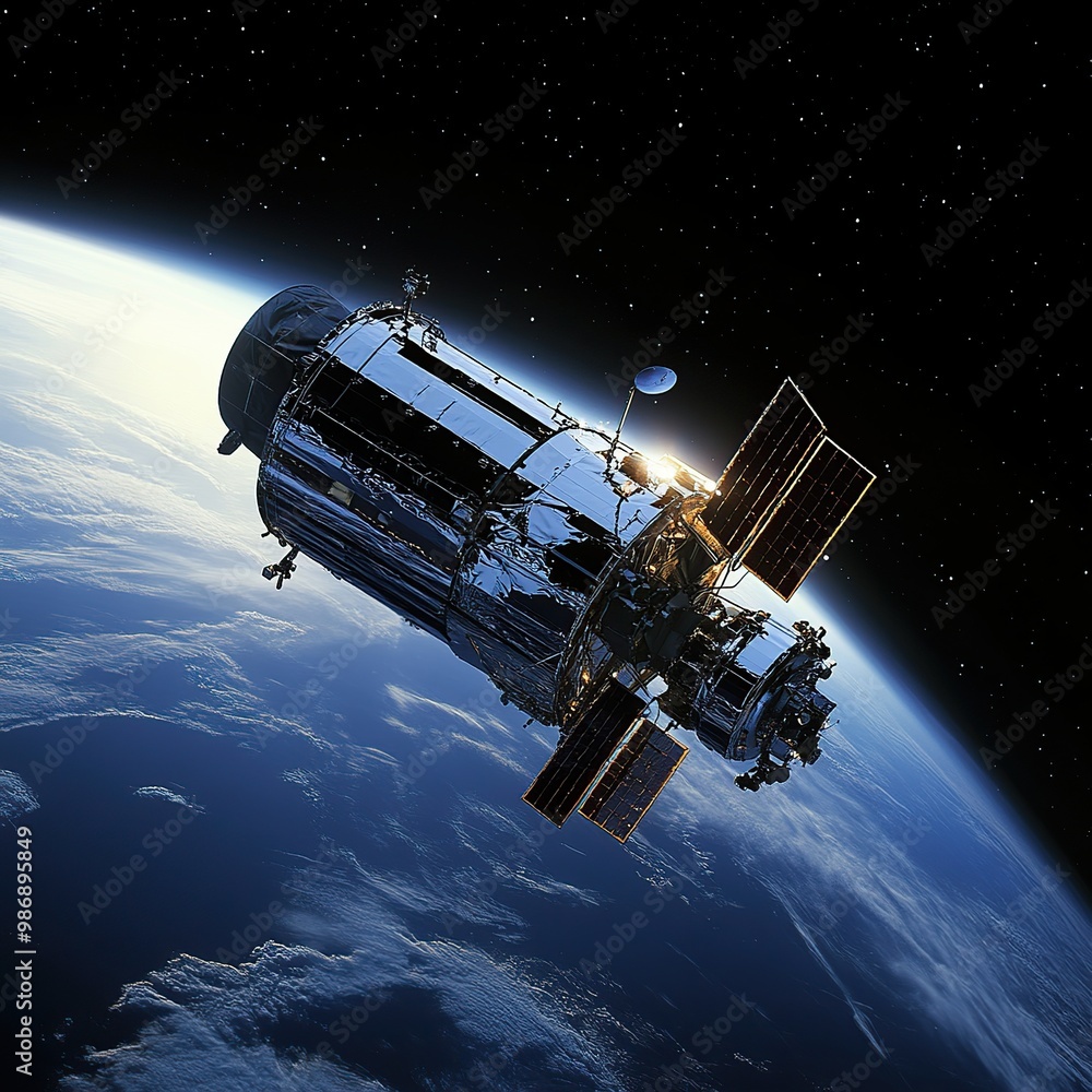 A satellite orbits Earth, showcasing the vastness of space. A satellite orbits Earth, showcasing the vastness of space.