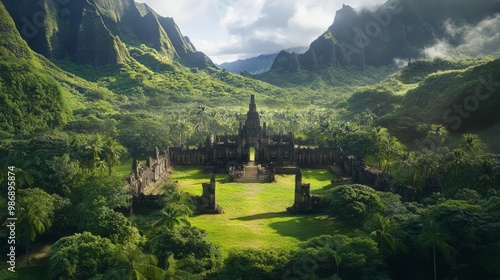 Fototapeta Naklejka Na Ścianę i Meble -  Ancient Hawaiian temple ruins nestled in a tropical forest
