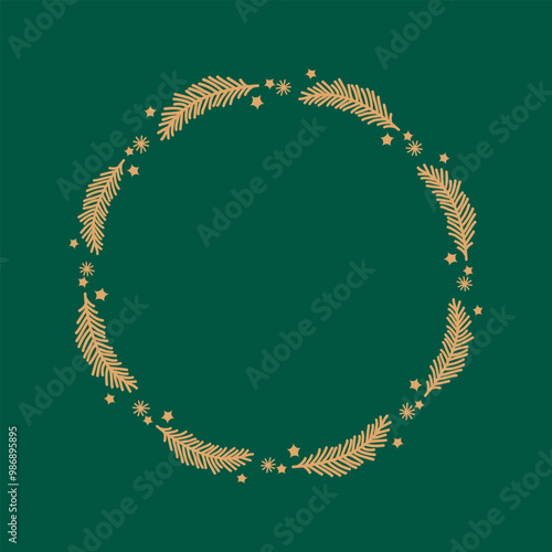 Gold Christmas wreath. Christmas wreath with Christmas tree branches, stars, snowflakes. Christmas frame.