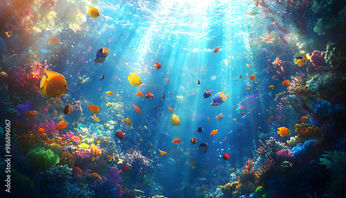 A dreamy underwater scene with schools of colorful fish, corals, and rays of sunlight penetrating through the water’s surface