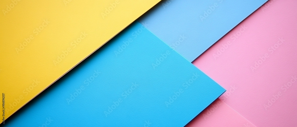 Vibrant colored paper sheets in yellow, blue, and pink, ideal for creative projects, presentations, and artistic backgrounds. Vibrant colored paper sheets in yellow, blue, and pink, ideal for creative projects, presentations, and artistic backgrounds.
