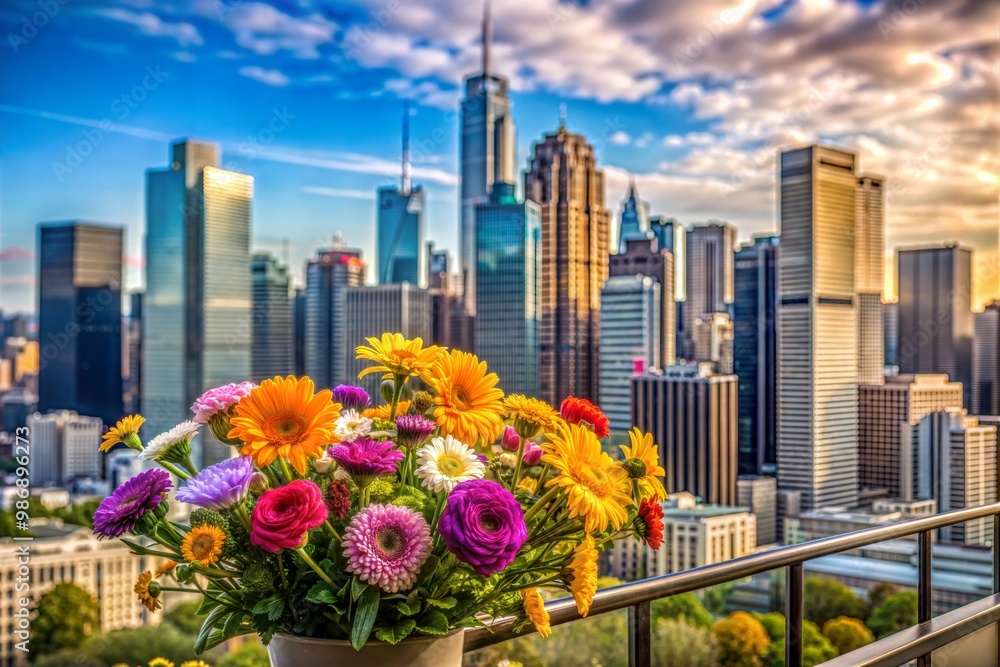 Fototapeta premium Colorful flower bouquet on balcony with urban skyline view