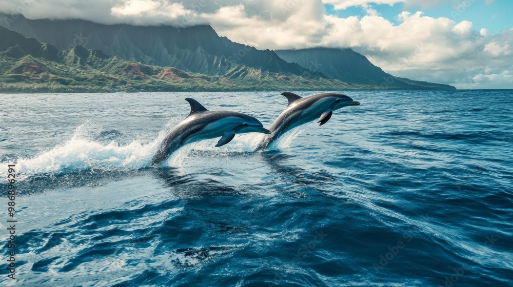 Fototapeta premium A stunning photograph of dolphins leaping out of the water near Hawaii Island