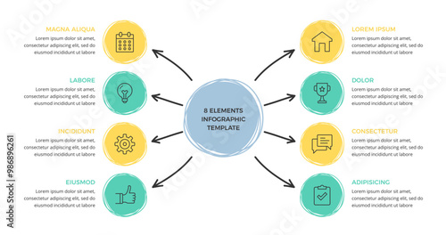 Hand drawn diagram or mind map template with eight elements, doodle infographics, vector eps10 illustration