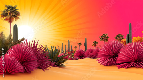 Vibrant desert landscape featuring colorful vegetation and a stunning sunset, ideal for travel and nature-themed projects. photo